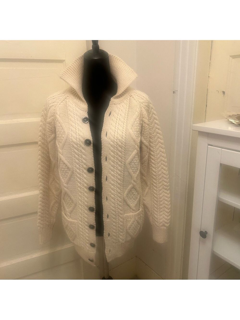HOWLIN Handknit Ireland Fisherman Pure Wool Cable Knit Cardigan Boho Academic